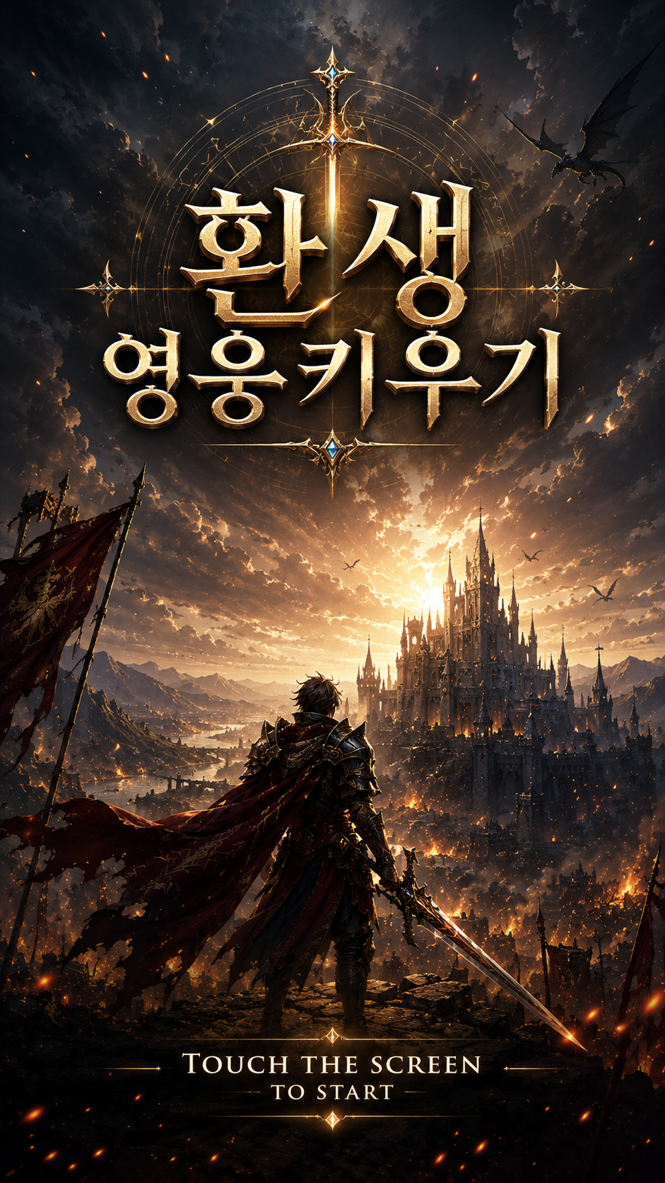 환생영웅키우기 타이틀 아트. 황금빛 성과 검을 든 영웅이 펼치는 판타지 세계.
